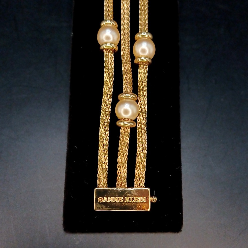 Anne‎ Klein Bracelet Antiqued Gold Tone Mesh Faux Pearl Beads Magnetic Closure
